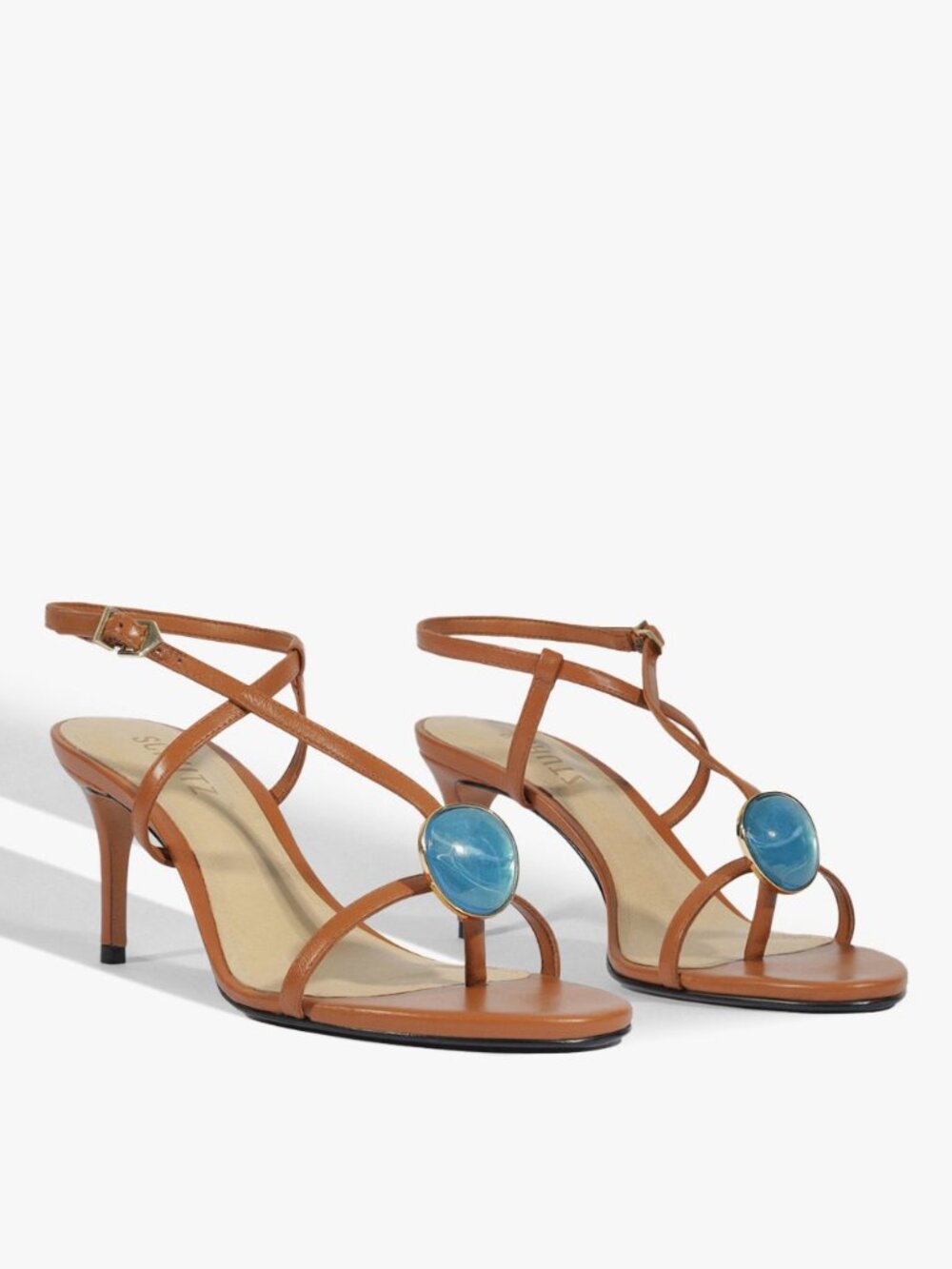 Schutz Azure Mid Embellished Sandal in Miele brown leather mid high heel strappy